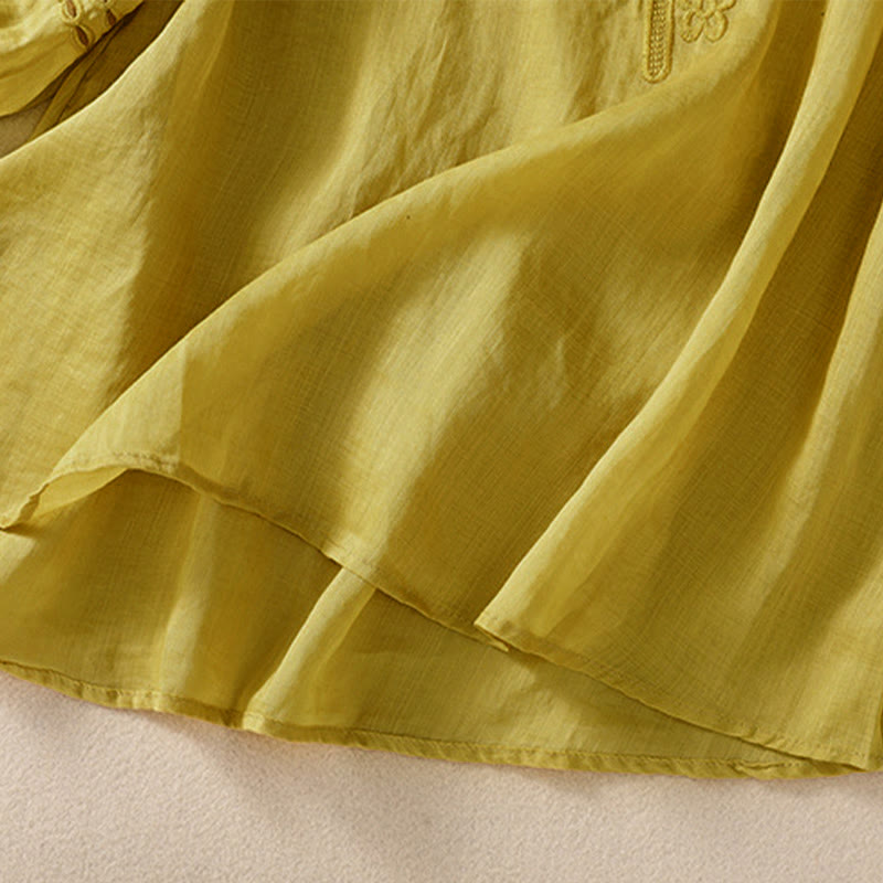 Chemise en coton et lin à manches courtes et col ras du cou pour femme Buddha Stones