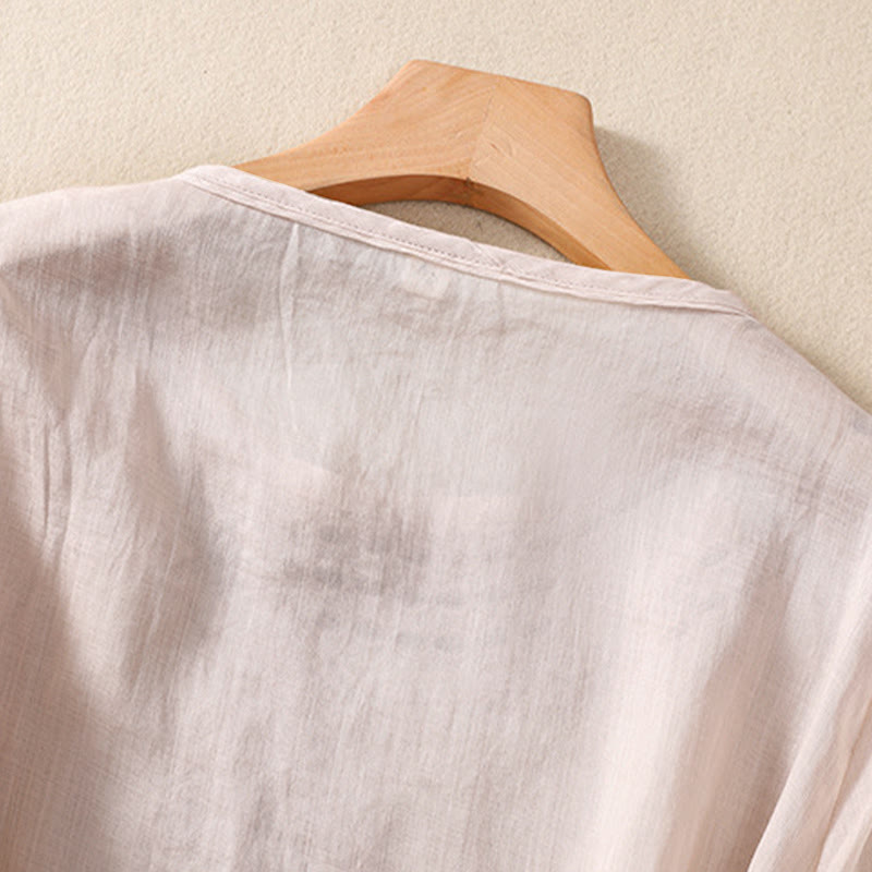 Chemise en coton et lin à manches courtes et col ras du cou pour femme Buddha Stones
