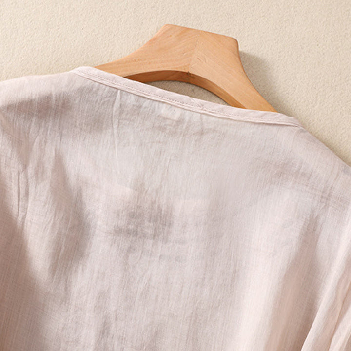 Chemise en coton et lin à manches courtes et col ras du cou pour femme Buddha Stones