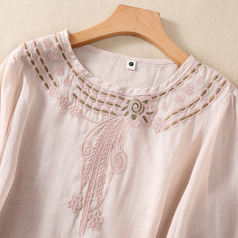 Chemise en coton et lin à manches courtes et col ras du cou pour femme Buddha Stones