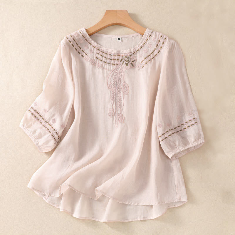 Chemise en coton et lin à manches courtes et col ras du cou pour femme Buddha Stones - MistyRose - US8-10，UK/AU12-14，EU40-42 (2XL) - image 0