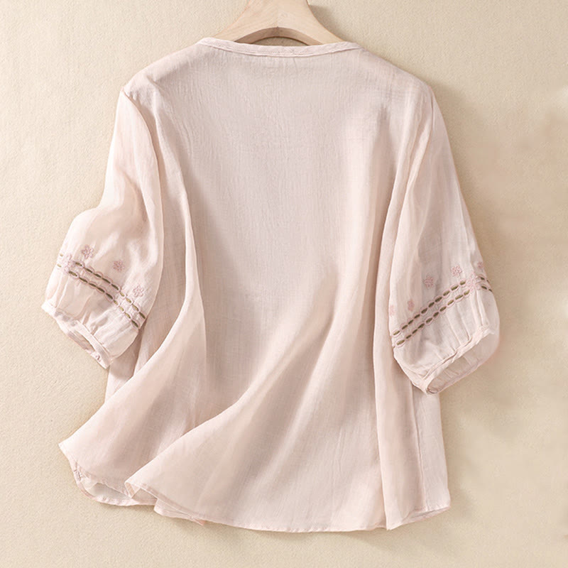 Chemise en coton et lin à manches courtes et col ras du cou pour femme Buddha Stones
