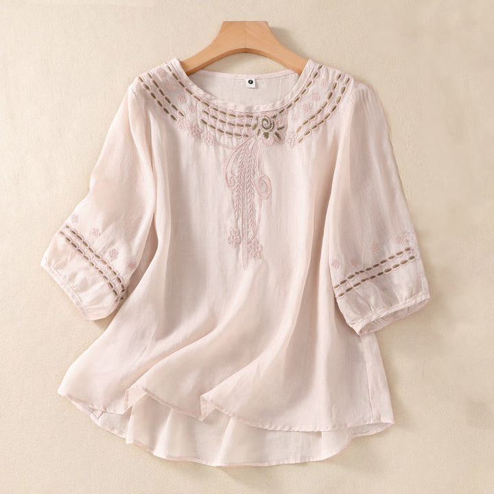 Chemise en coton et lin à manches courtes et col ras du cou pour femme Buddha Stones