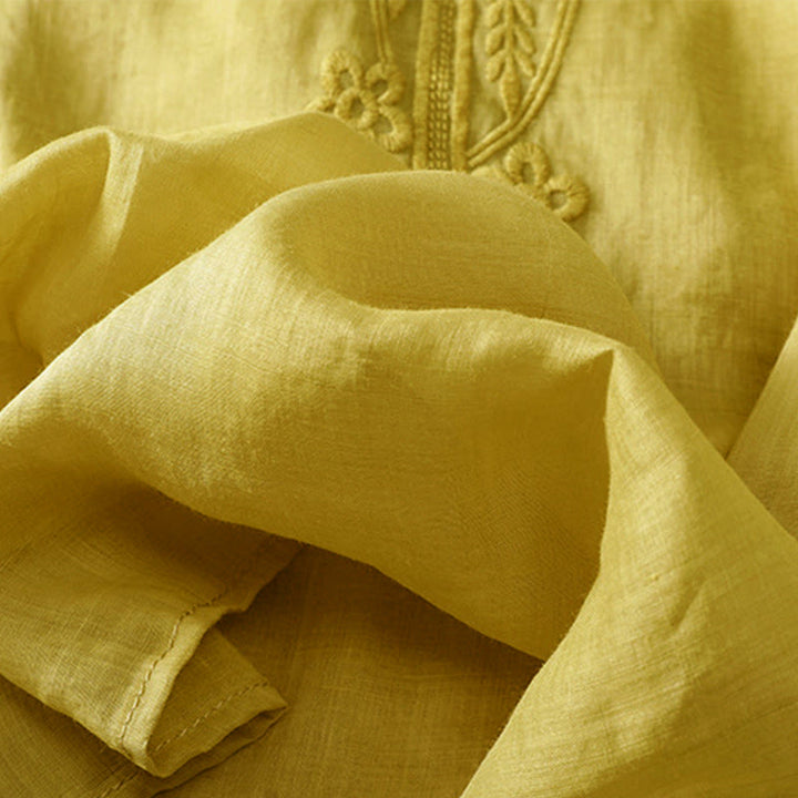 Chemise en coton et lin à manches courtes et col ras du cou pour femme Buddha Stones