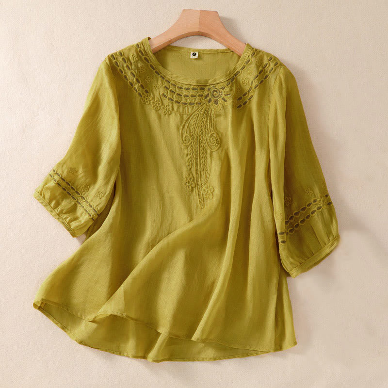 Chemise en coton et lin à manches courtes et col ras du cou pour femme Buddha Stones
