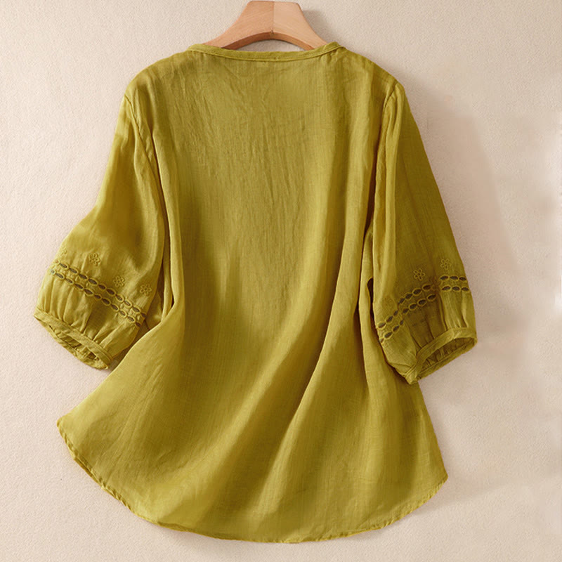 Chemise en coton et lin à manches courtes et col ras du cou pour femme Buddha Stones