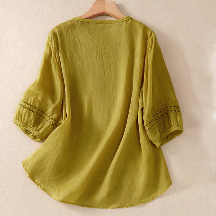Chemise en coton et lin à manches courtes et col ras du cou pour femme Buddha Stones