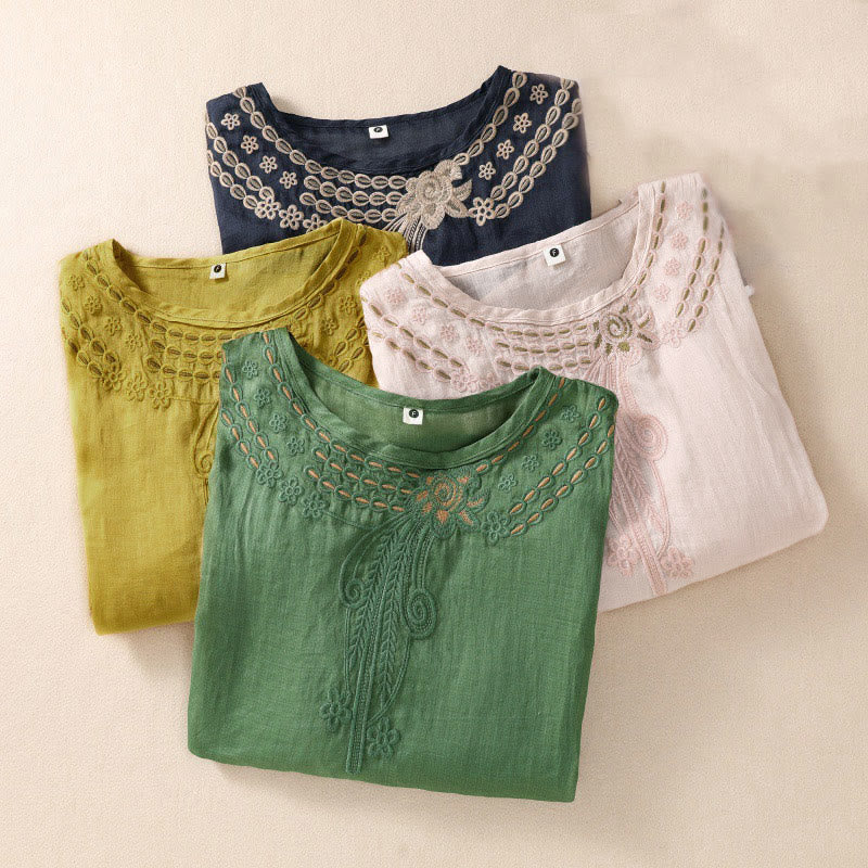 Chemise en coton et lin à manches courtes et col ras du cou pour femme Buddha Stones