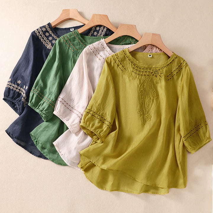 Chemise en coton et lin à manches courtes et col ras du cou pour femme Buddha Stones
