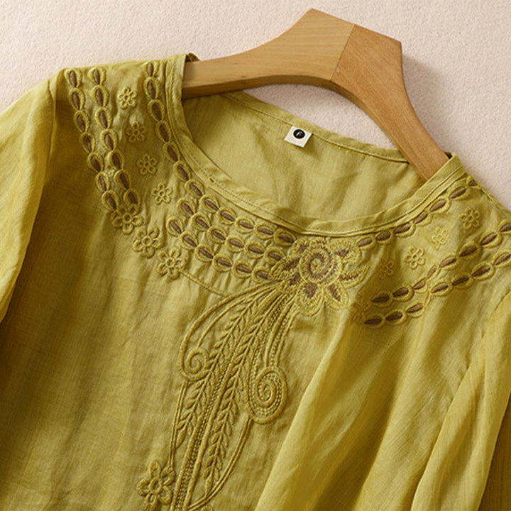 Chemise en coton et lin à manches courtes et col ras du cou pour femme Buddha Stones