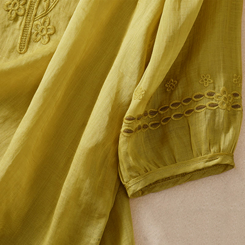 Chemise en coton et lin à manches courtes et col ras du cou pour femme Buddha Stones