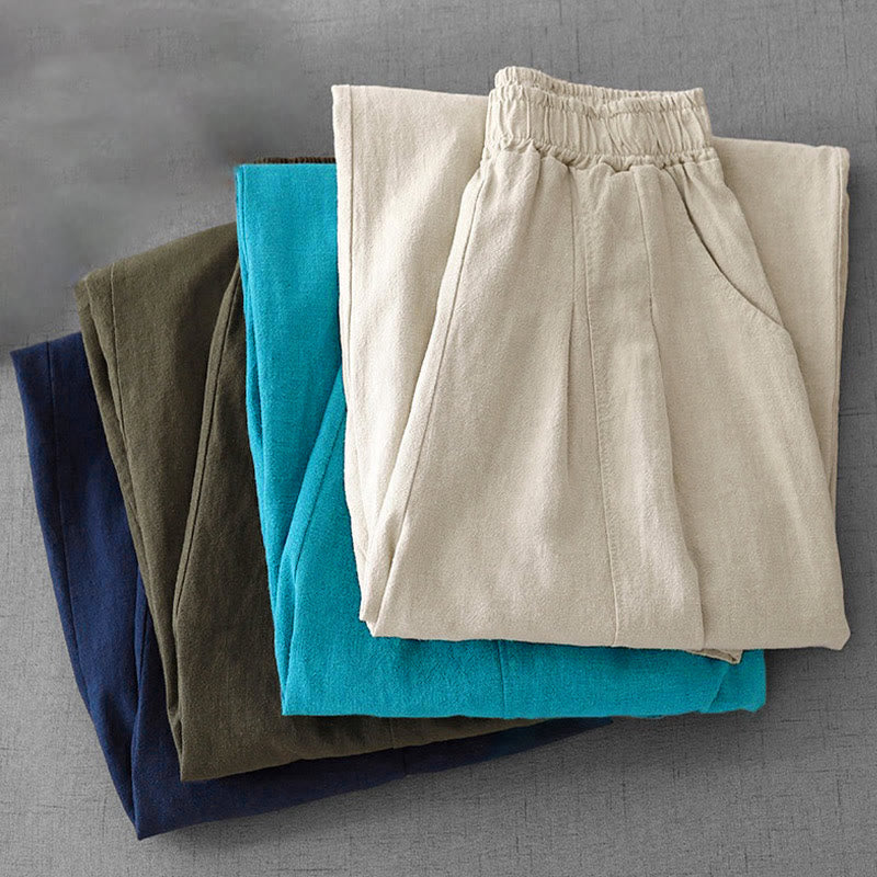 Pantalon sarouel décontracté en coton et lin pour femme avec poches, longueur 7-8, Buddha Stones