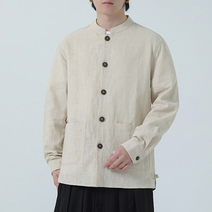 Veste-chemise à boutons en lin et coton avec doublure polaire et poches pour homme Buddha Stones