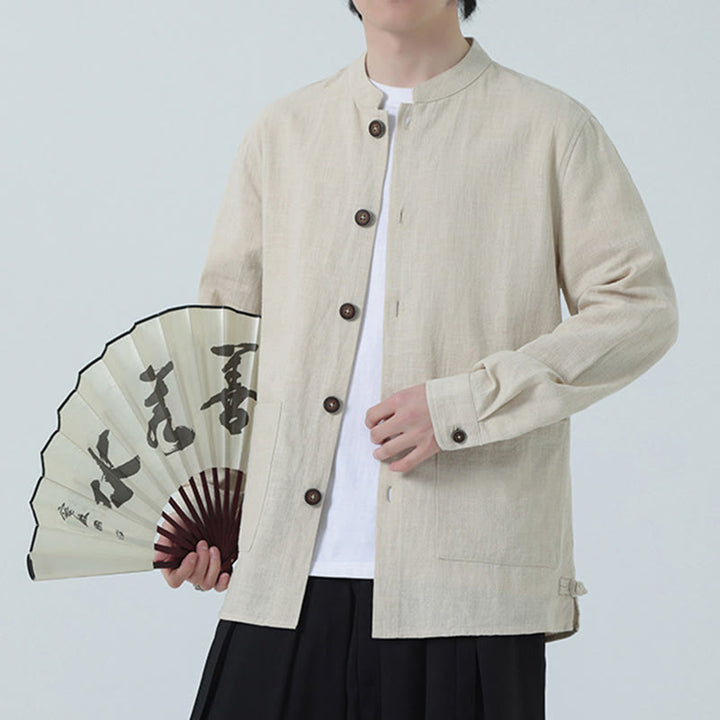 Veste-chemise à boutons en lin et coton avec doublure polaire et poches pour homme Buddha Stones