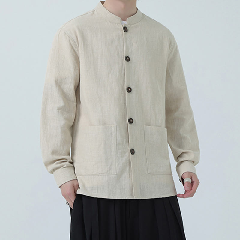 Veste-chemise à boutons en lin et coton avec doublure polaire et poches pour homme Buddha Stones