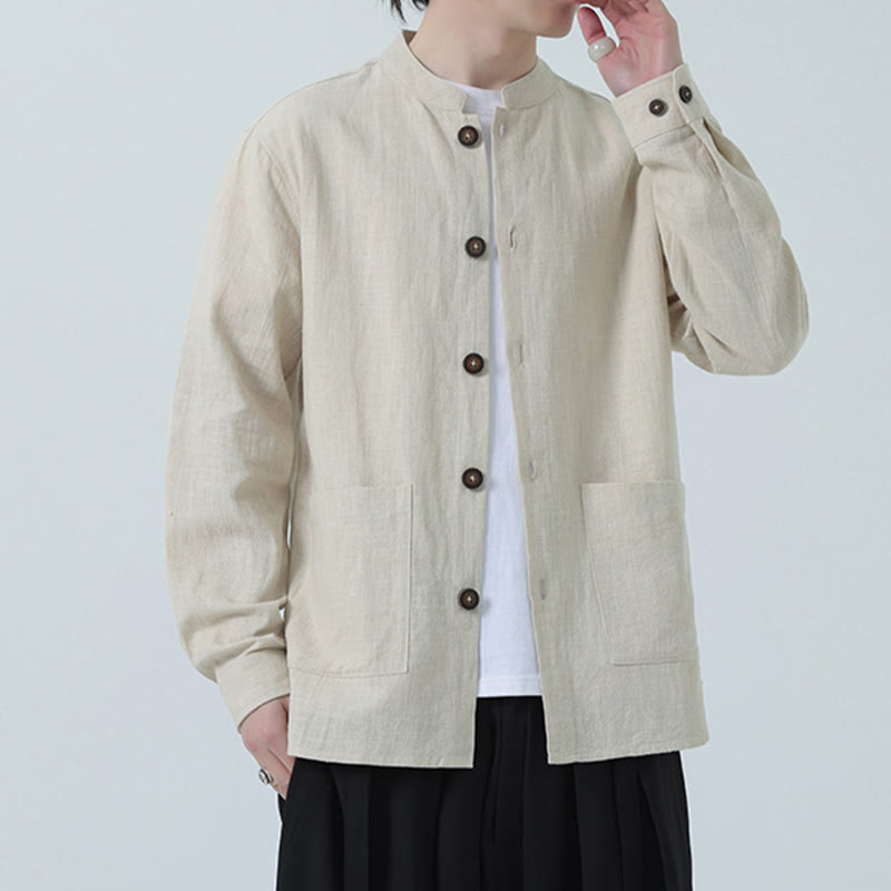 Veste-chemise à boutons en lin et coton avec doublure polaire et poches pour homme Buddha Stones