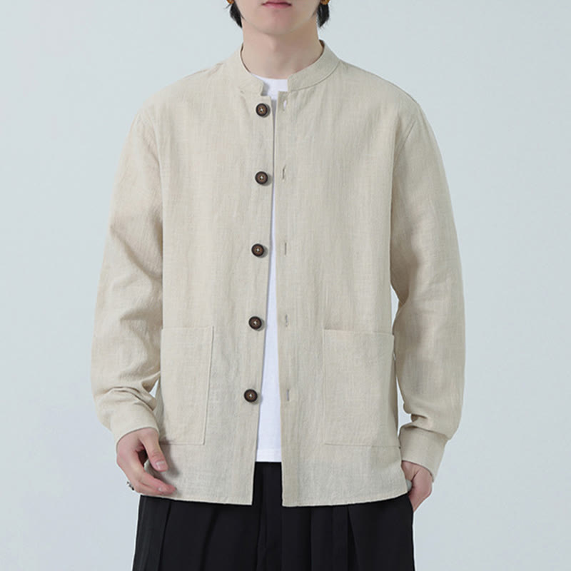 Veste-chemise à boutons en lin et coton avec doublure polaire et poches pour homme Buddha Stones