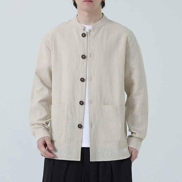 Veste-chemise à boutons en lin et coton avec doublure polaire et poches pour homme Buddha Stones
