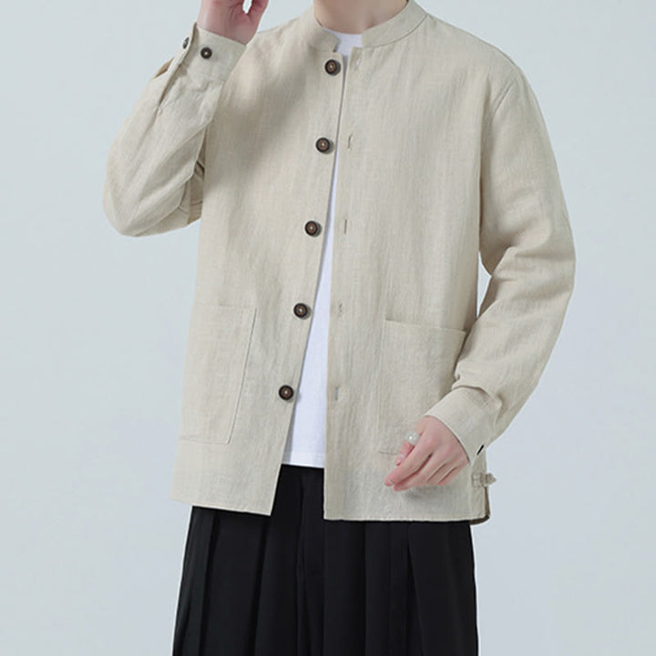 Veste-chemise à boutons en lin et coton avec doublure polaire et poches pour homme Buddha Stones