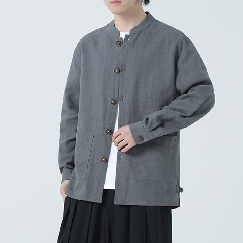 Veste-chemise à boutons en lin et coton avec doublure polaire et poches pour homme Buddha Stones