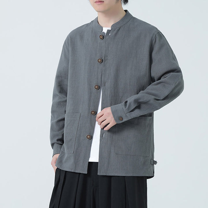 Veste-chemise à boutons en lin et coton avec doublure polaire et poches pour homme Buddha Stones