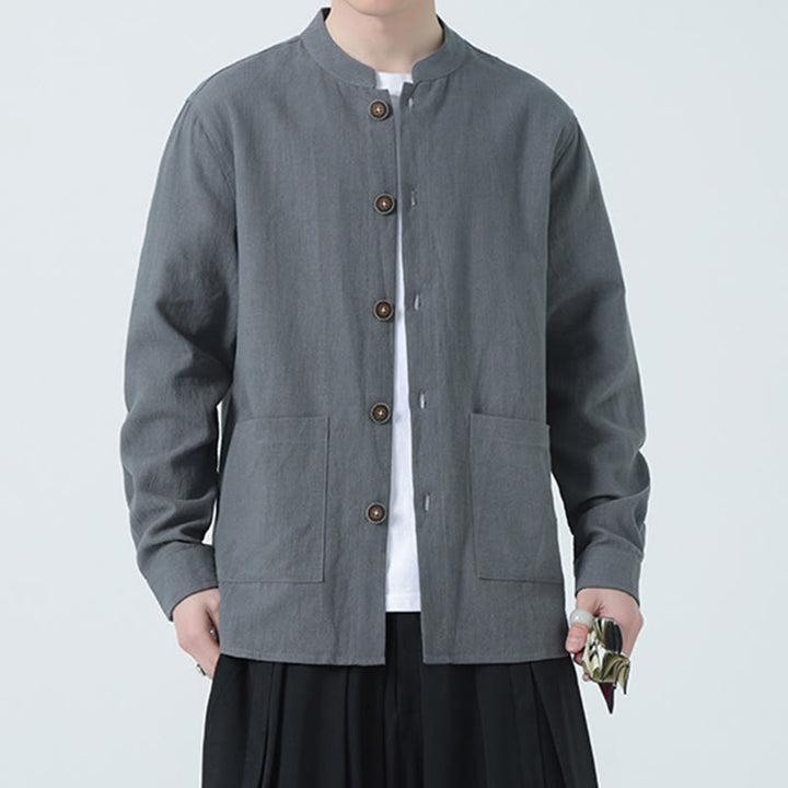 Veste-chemise à boutons en lin et coton avec doublure polaire et poches pour homme Buddha Stones