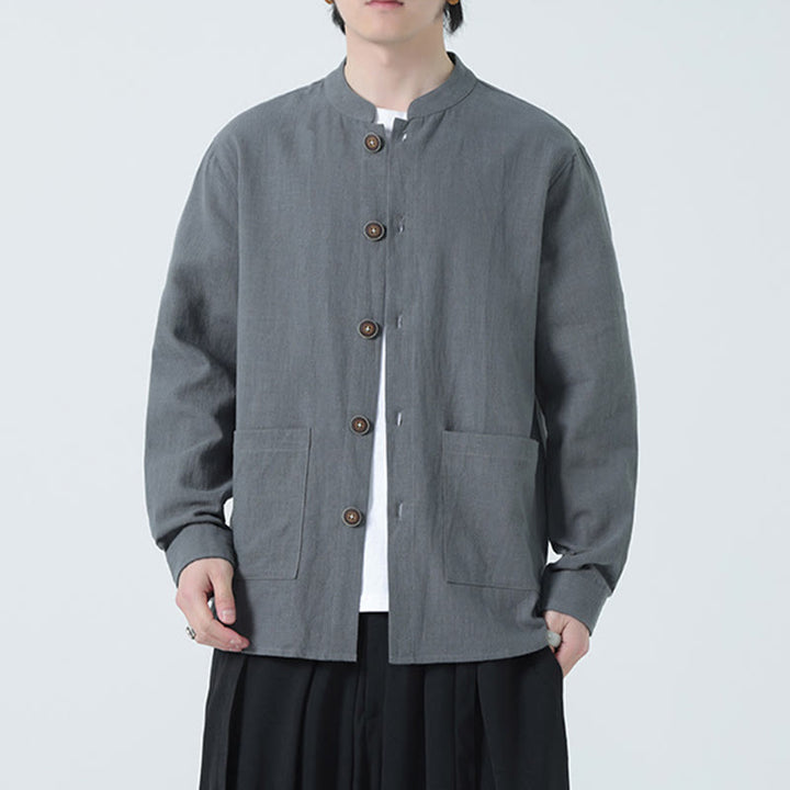 Veste-chemise à boutons en lin et coton avec doublure polaire et poches pour homme Buddha Stones