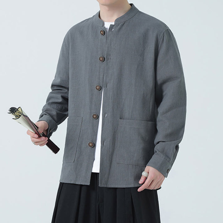 Veste-chemise à boutons en lin et coton avec doublure polaire et poches pour homme Buddha Stones