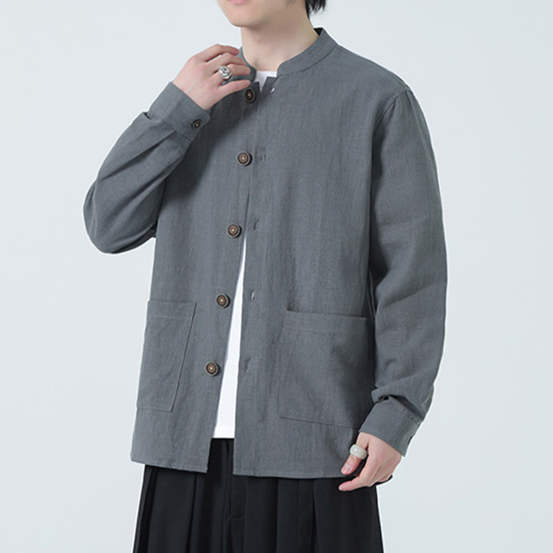 Veste-chemise à boutons en lin et coton avec doublure polaire et poches pour homme Buddha Stones