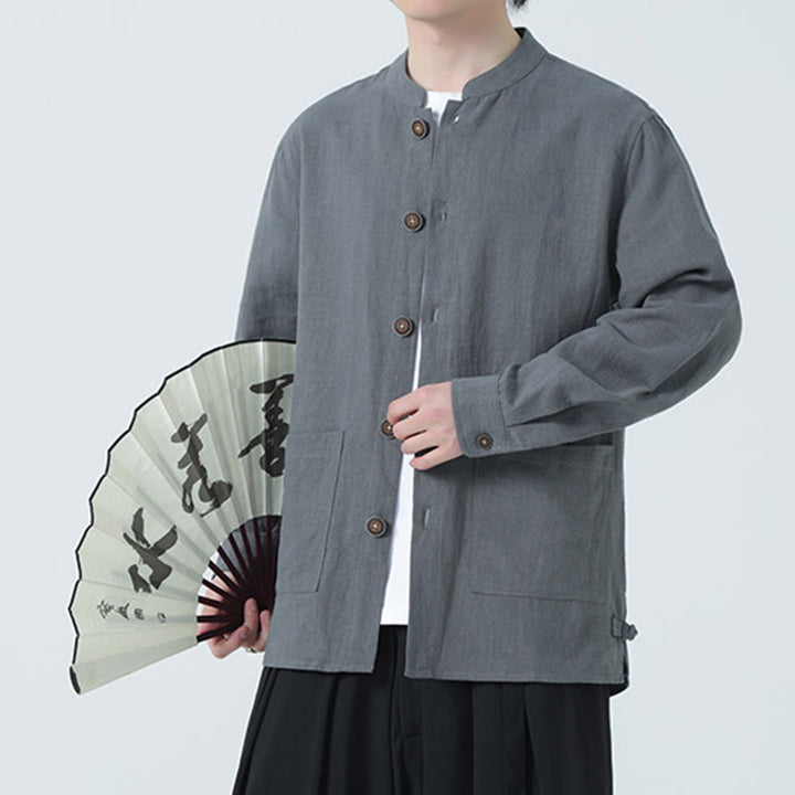 Veste-chemise à boutons en lin et coton avec doublure polaire et poches pour homme Buddha Stones