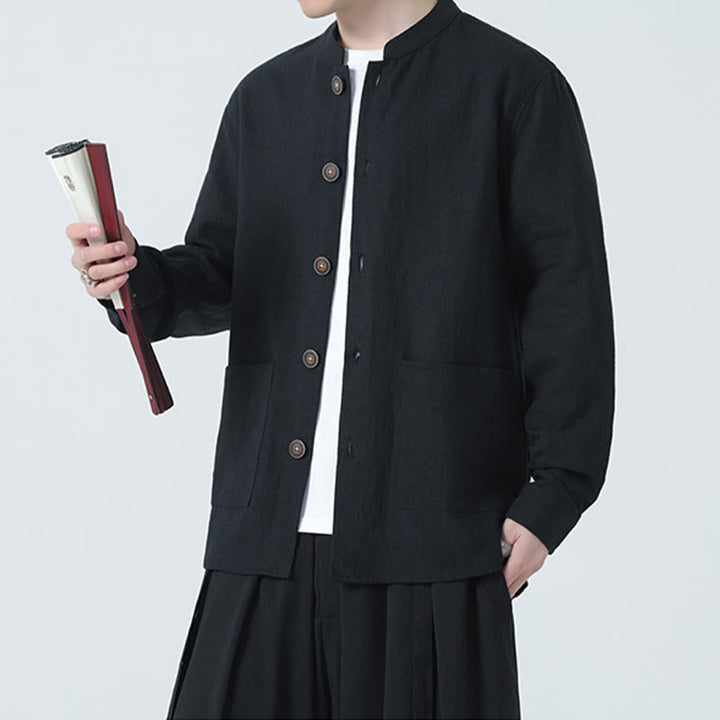 Veste-chemise à boutons en lin et coton avec doublure polaire et poches pour homme Buddha Stones