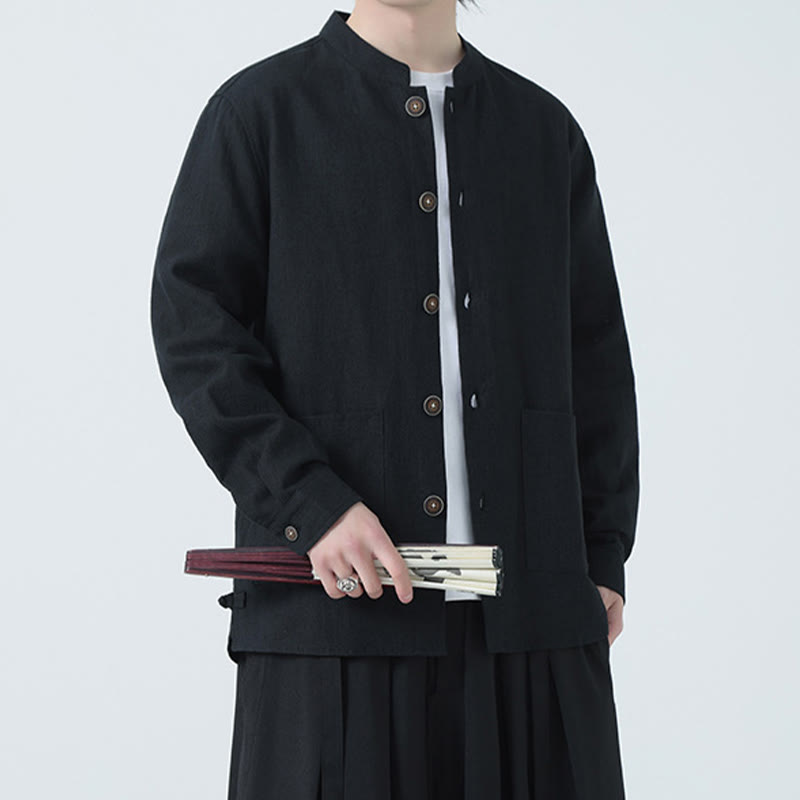 Veste-chemise à boutons en lin et coton avec doublure polaire et poches pour homme Buddha Stones