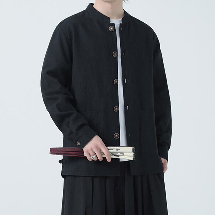 Veste-chemise à boutons en lin et coton avec doublure polaire et poches pour homme Buddha Stones