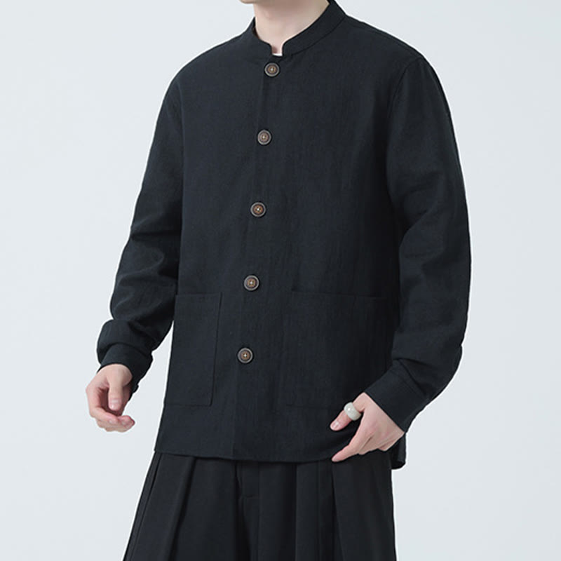 Veste-chemise à boutons en lin et coton avec doublure polaire et poches pour homme Buddha Stones