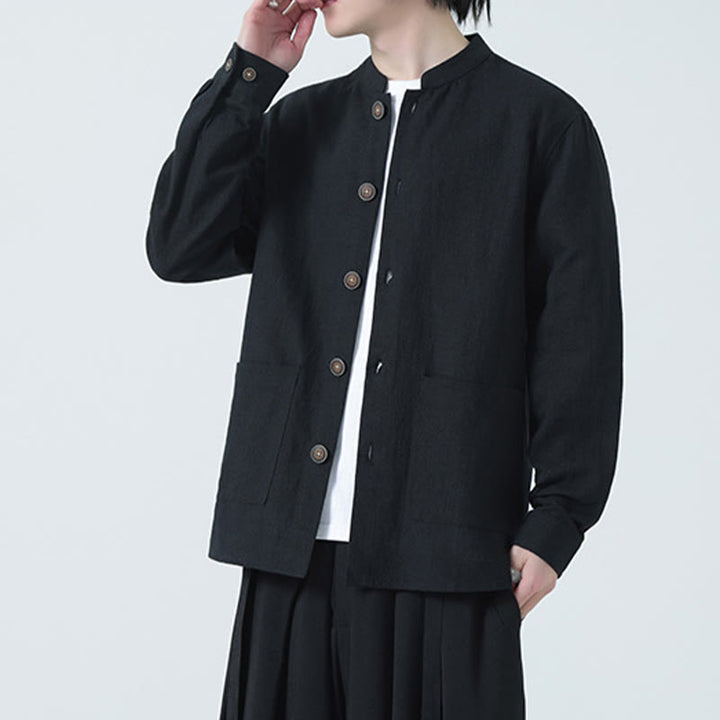 Veste-chemise à boutons en lin et coton avec doublure polaire et poches pour homme Buddha Stones