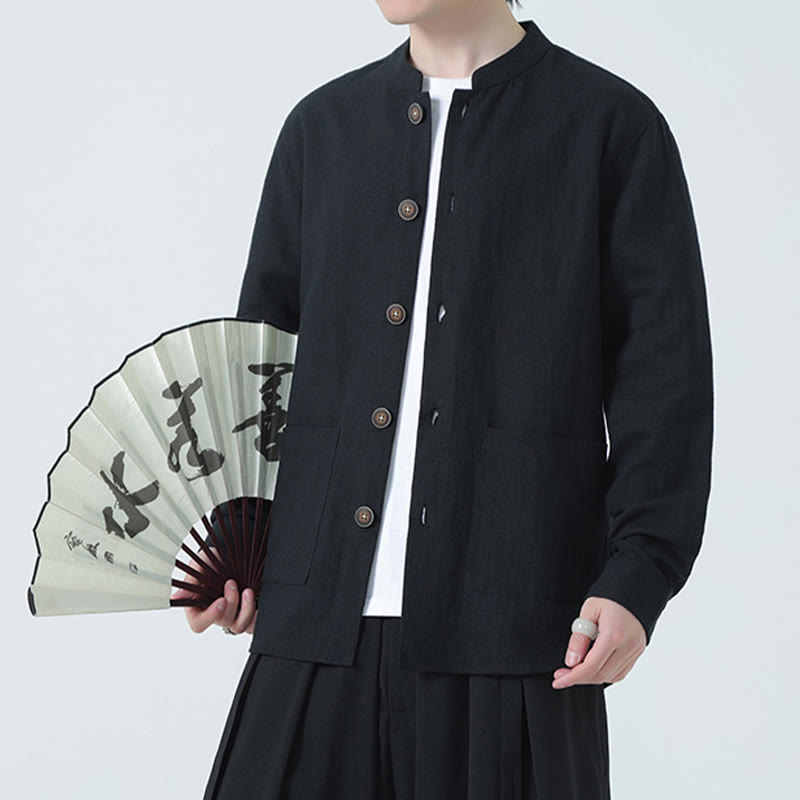 Veste-chemise à boutons en lin et coton avec doublure polaire et poches pour homme Buddha Stones