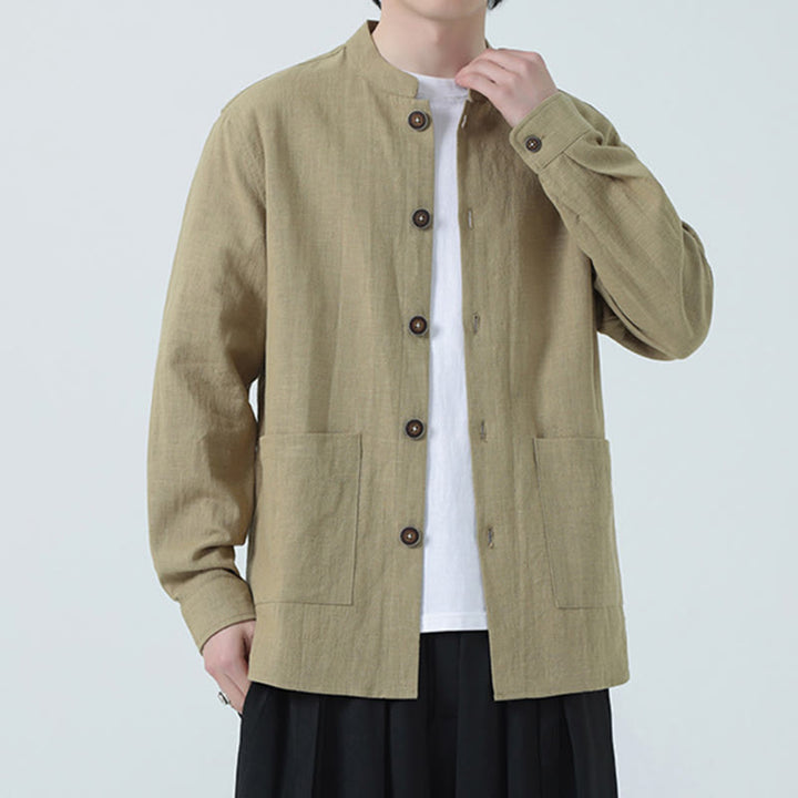 Veste-chemise à boutons en lin et coton avec doublure polaire et poches pour homme Buddha Stones