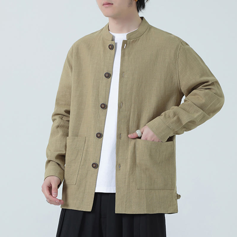 Veste-chemise à boutons en lin et coton avec doublure polaire et poches pour homme Buddha Stones