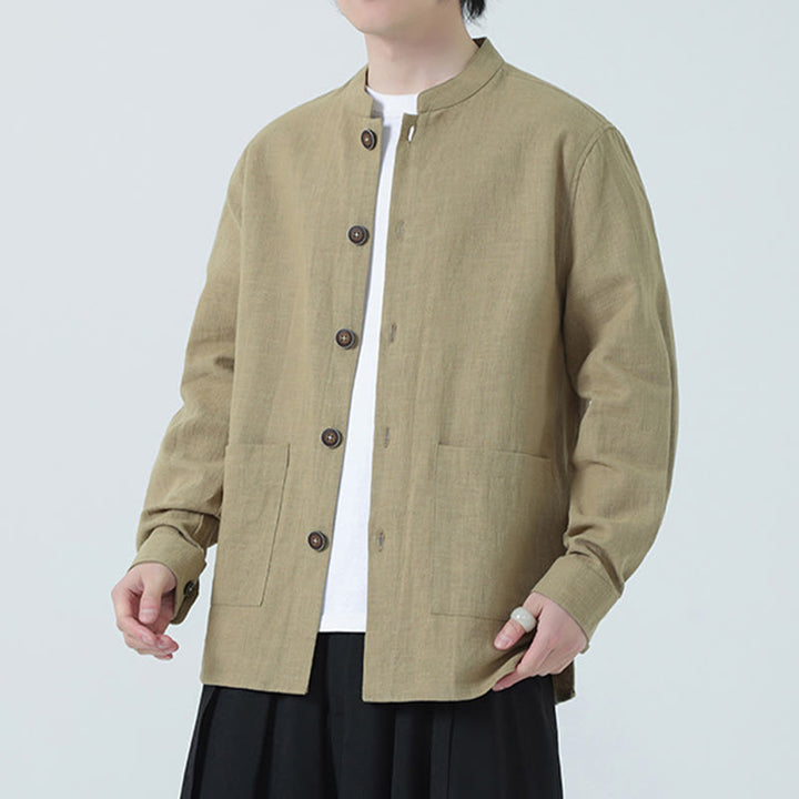 Veste-chemise à boutons en lin et coton avec doublure polaire et poches pour homme Buddha Stones