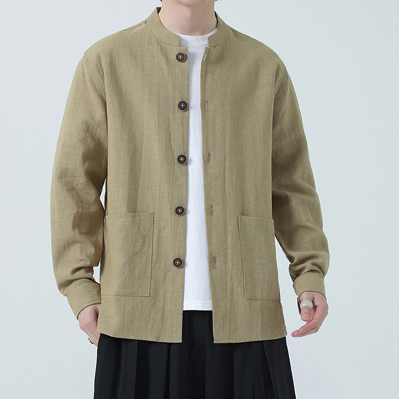 Veste-chemise à boutons en lin et coton avec doublure polaire et poches pour homme Buddha Stones