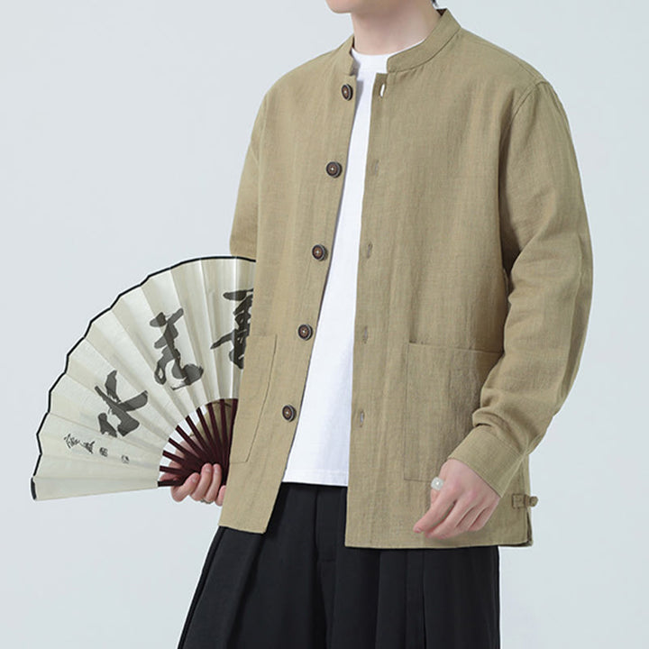 Veste-chemise à boutons en lin et coton avec doublure polaire et poches pour homme Buddha Stones
