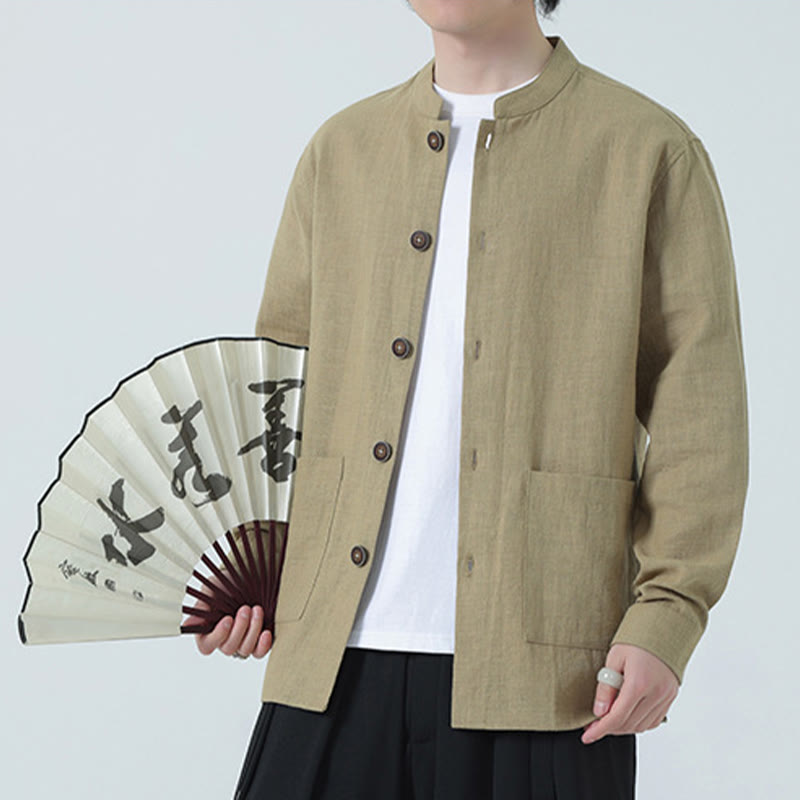 Veste-chemise à boutons en lin et coton avec doublure polaire et poches pour homme Buddha Stones