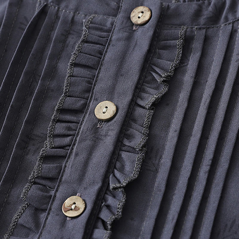 Robe mi-longue décontractée en coton et lin avec poches et boutons, style Buddha Stones, couleur unie, col ras du cou, manches courtes - image 3