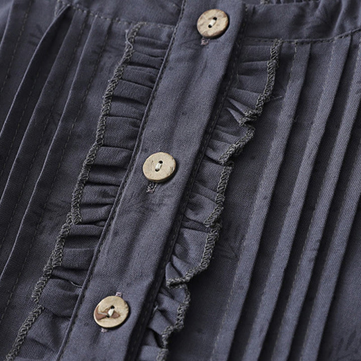 Robe mi-longue décontractée en coton et lin avec poches et boutons, style Buddha Stones, couleur unie, col ras du cou, manches courtes - image 3