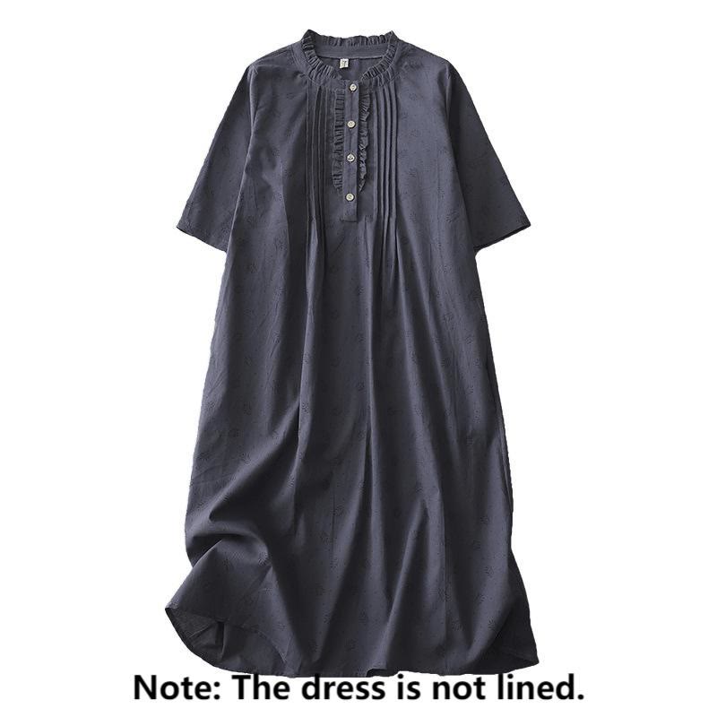 Robe mi-longue décontractée en coton et lin avec poches et boutons, style Buddha Stones, couleur unie, col ras du cou, manches courtes