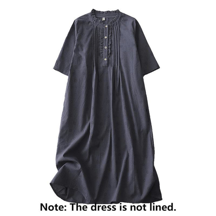 Robe mi-longue décontractée en coton et lin avec poches et boutons, style Buddha Stones, couleur unie, col ras du cou, manches courtes