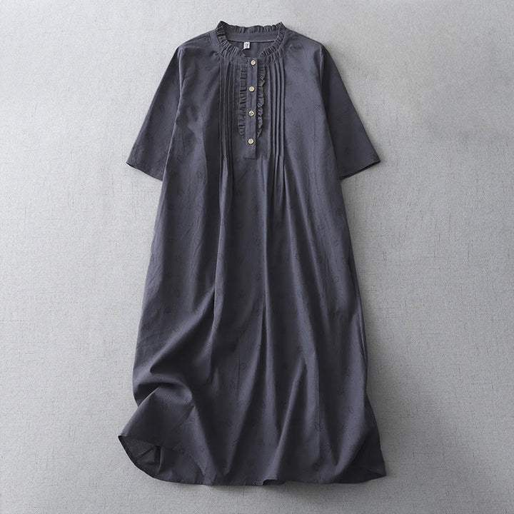 Robe mi-longue décontractée en coton et lin avec poches et boutons, style Buddha Stones, couleur unie, col ras du cou, manches courtes