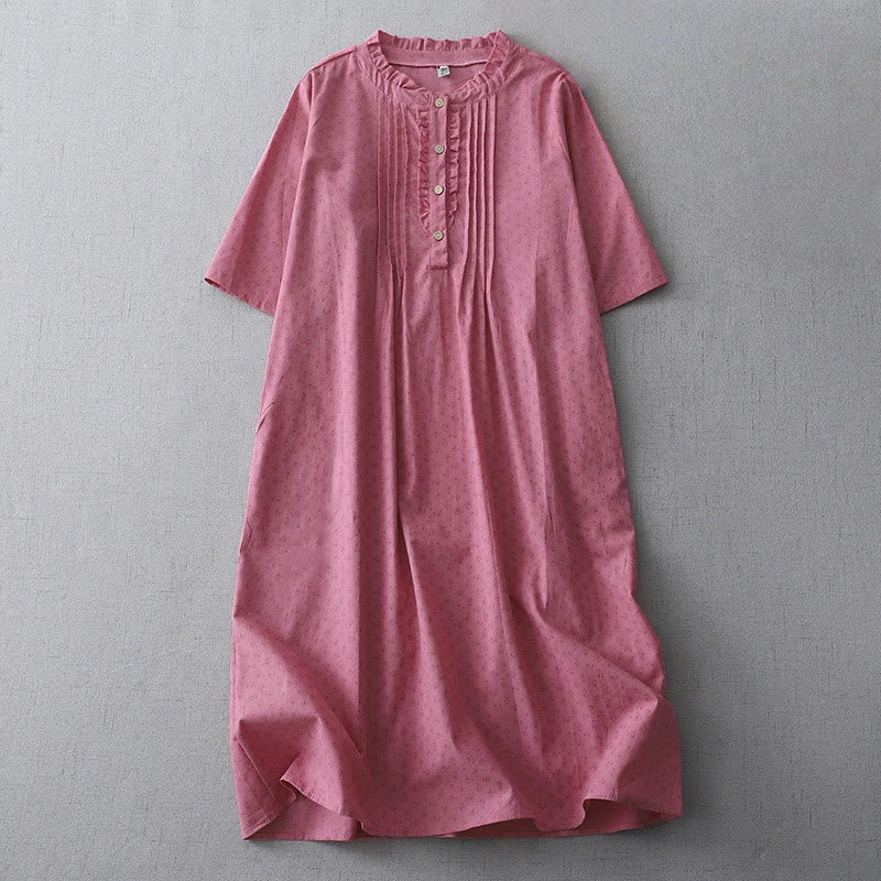 Robe mi-longue décontractée en coton et lin avec poches et boutons, style Buddha Stones, couleur unie, col ras du cou, manches courtes