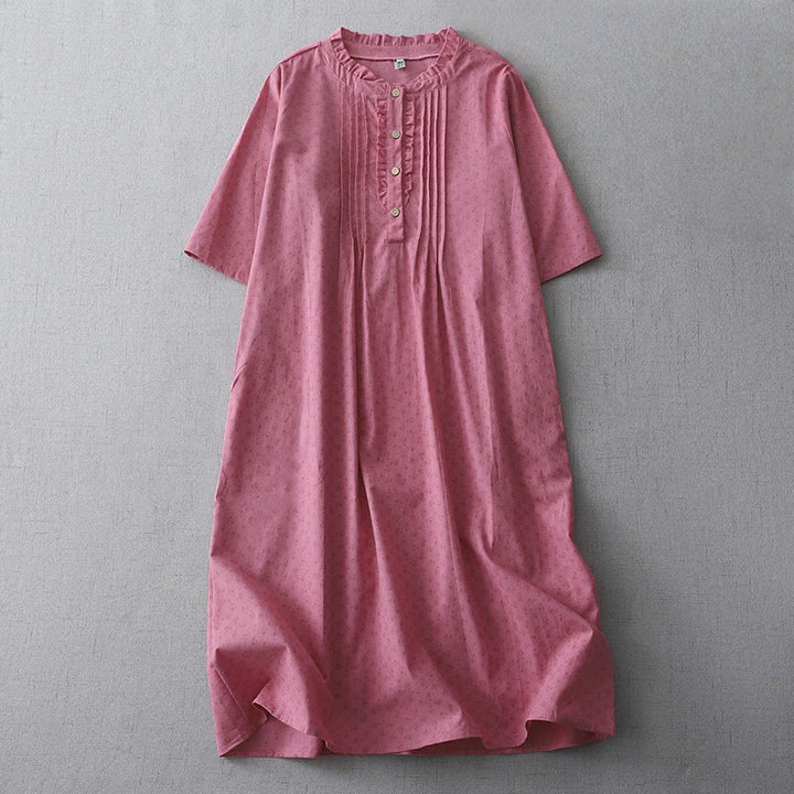 Robe mi-longue décontractée en coton et lin avec poches et boutons, style Buddha Stones, couleur unie, col ras du cou, manches courtes