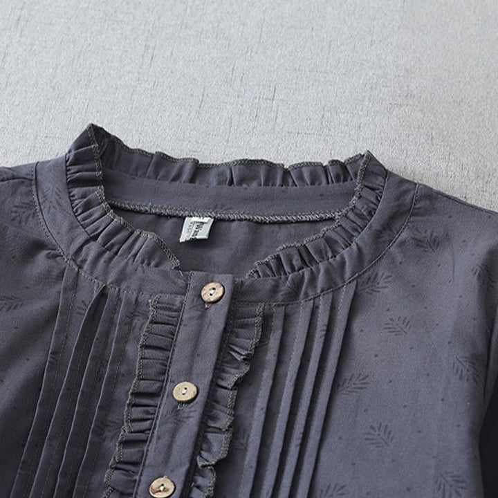 Robe mi-longue décontractée en coton et lin avec poches et boutons, style Buddha Stones, couleur unie, col ras du cou, manches courtes - image 2